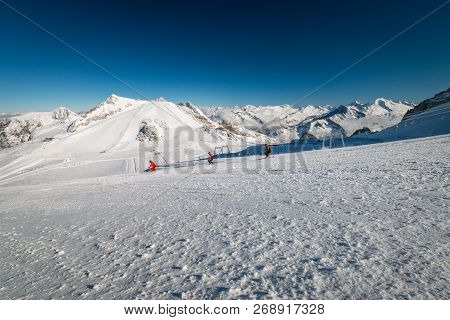 Panoramic View Of Austrian Ski Region Of Hintertux Glacier In The Region Of Tyrol With Incidental Sk
