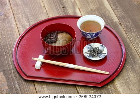 Tochi Mochi Zenzai, horse chestnuts rice cake with sweet simmered adzuki beans, traditional japanese dessert
