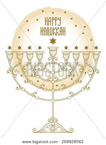 Vector Greeting Card With Outline Hanukkah Menorah Or Chanukiah Candelabrum In Pastel Beige Isolated