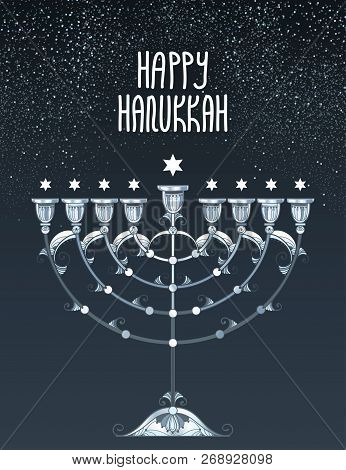 Vector Greeting Card With Outline Silver Hanukkah Menorah Or Chanukiah Candelabrum And Stars Of Davi
