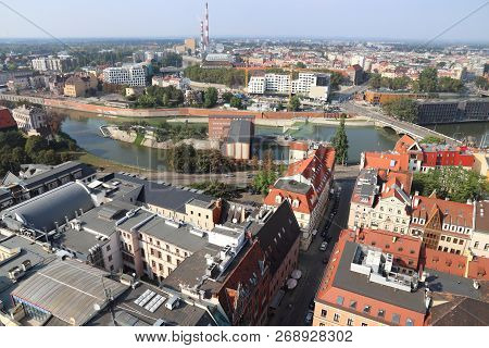 Wrocław City In Poland. Aerial View With River Oder (odra).