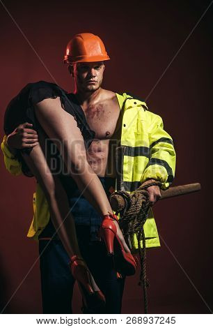 Passionate Couple Concept. Vibrant With Passion. Sexual Game Is Your Passion. Firefighter Sexy Body 