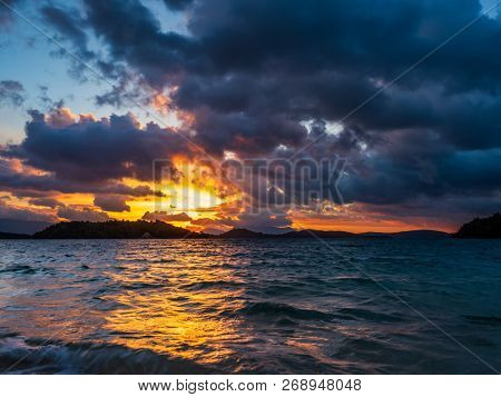 Sunrise on the bay of Nidri in Lefkas island Greece