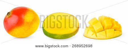 Set Of Mangoes, Half Mangoes And Mango Cubes Close-up.