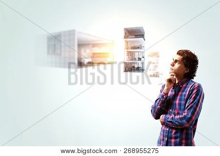 Pensive hipster guy. Mixed media