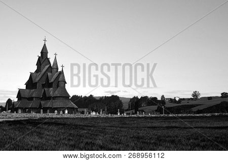 13th century wooden Heddal Stave Church, the largest remaining stave church in Norway. June 17,2018. Heddal,Norway