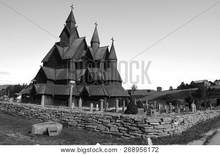 13th century wooden Heddal Stave Church, the largest remaining stave church in Norway. June 17,2018. Heddal,Norway