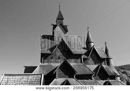 13th century wooden Heddal Stave Church, the largest remaining stave church in Norway. June 17,2018. Heddal,Norway