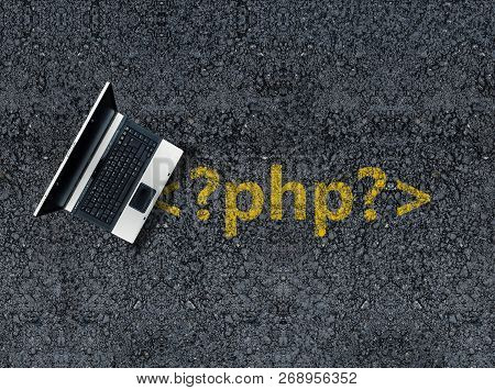 Php Programming Language. Laptop On Php Tag Drawn With Paint On Road Asphalt