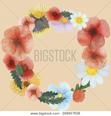 Wild Flower Wreath Watercolor Illustration Art Composition