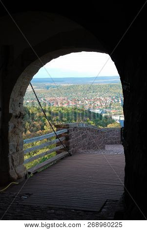 Wartburg Castle Near Eisenach: Drawbridge, The City Of Eisenach In The Valley. The Wartburg Is A Cas