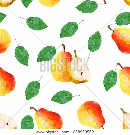 Triangle Polygonal Pear And Leaves Seamless Pattern. Vector Illustration.