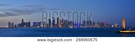 Blue Hour In Qatar. Evening Skyline Of Doha.