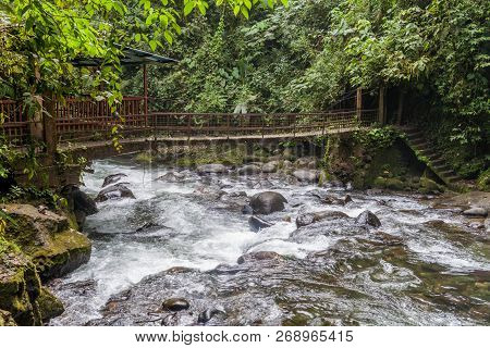 Bridge Over River In Nambillo Cloud Forest Reserve Near Mindo, Ecuador.
