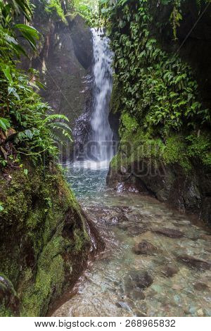 Small Waterfall In Nambillo Cloud Forest Reserve Near Mindo, Ecuador.