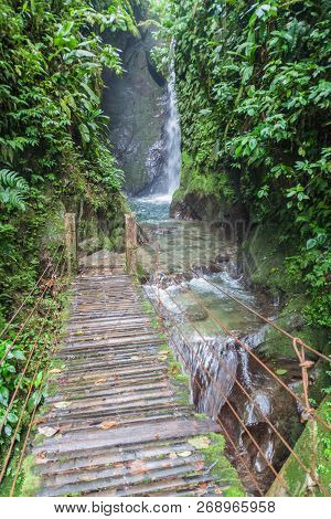 Small Waterfall In Nambillo Cloud Forest Reserve Near Mindo, Ecuador.