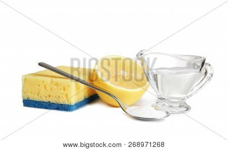 Composition With Vinegar, Lemon And Baking Soda On White Background. House Cleaning