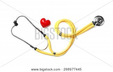 Stethoscope For Checking Pulse And Red Heart On White Background, Top View