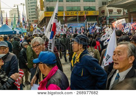 Seoul, South Korea; November 10, 2018: Unidentified Group Of Koreans Gather For Rally Against The Mo