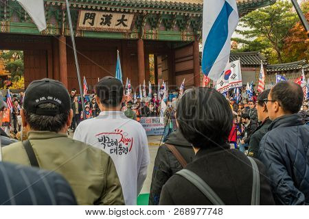 Seoul, South Korea; November 10, 2018: Unidentified Group Of Koreans At Rally Against The Moon Jae-i