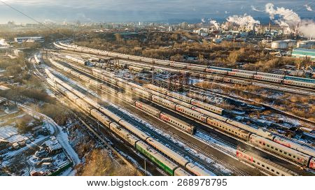 Khabarovsk, November. 15, 2018: View Of The Cars Of Railway Passenger Cars At The Railway Depot . Pa