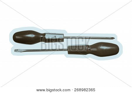 Isolated Image Of Flat And Cross Screwdrivers. Flathead And Crosshead Screwdrivers On White Backgrou