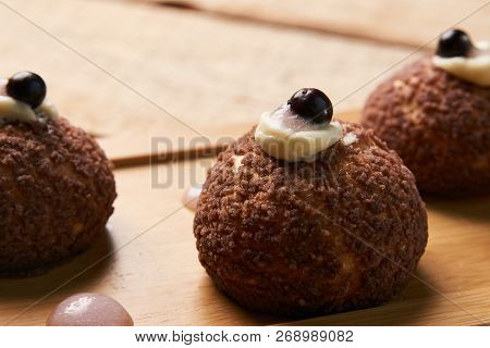 Cake Brioche Shu Cream Chantilly, Eclair. Sweet Breakfast Desser