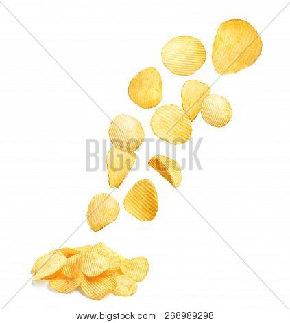 Tasty Potato Chips Falling On White Background