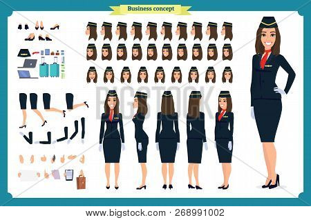 Woman Character Creation Set. The Stewardess, Flight Attendant. Icons With Different Types Of Faces 