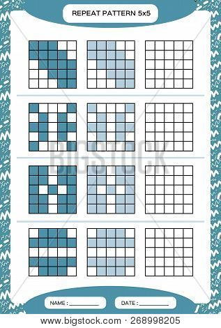 Repeat Blue Pattern. Cube Grid With Squares. Special For Preschool Kids. Worksheet For Practicing Fi