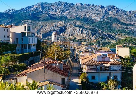 Benimantell, Spain - March 27, 2019: Spanish Mountains Rocky Landscape With Benimantell Valencian To