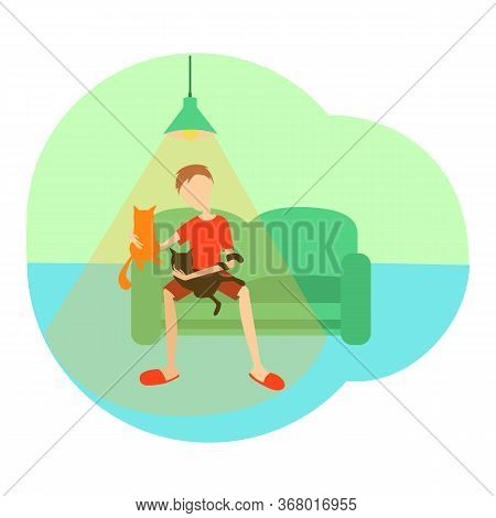 Concept Man On The Couch With Two Cats. Vector