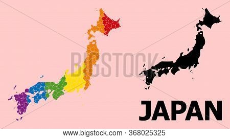 Rainbow Vibrant Mosaic Vector Map Of Japan For Lgbt, And Black Version. Geographic Mosaic Map Of Jap