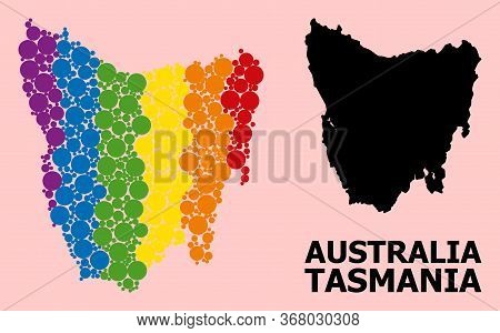 Rainbow Vibrant Mosaic Vector Map Of Tasmania Island For Lgbt, And Black Version. Geographic Mosaic 
