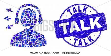 Geometric Operator Talk Mosaic Pictogram And Talk Stamp. Blue Vector Round Grunge Stamp With Talk Ti