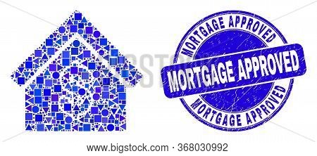 Geometric Rent House Mosaic Icon And Mortgage Approved Seal Stamp. Blue Vector Round Grunge Seal Sta
