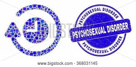 Geometric Rotate Clockwise Mosaic Pictogram And Psychosexual Disorder Seal Stamp. Blue Vector Round 