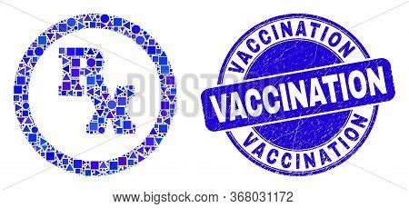 Geometric Rx Receipt Symbol Mosaic Pictogram And Vaccination Seal. Blue Vector Round Textured Seal W