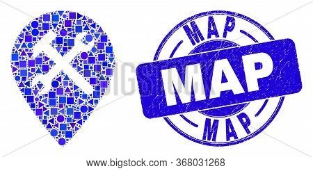 Geometric Service Map Pointer Mosaic Pictogram And Map Seal. Blue Vector Round Grunge Seal Stamp Wit