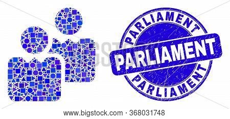 Geometric Users Mosaic Pictogram And Parliament Stamp. Blue Vector Round Grunge Stamp With Parliamen
