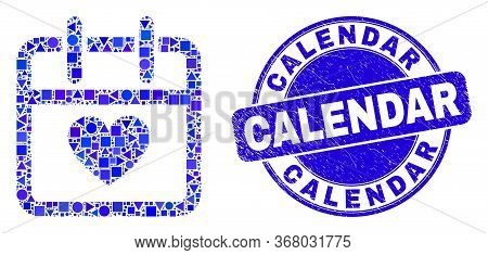 Geometric Valentine Calendar Page Mosaic Pictogram And Calendar Stamp. Blue Vector Round Textured St