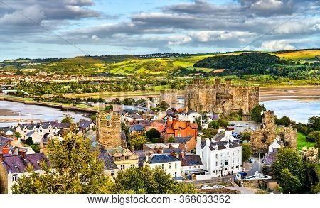 Panorama Of Conwy With Conwy Castle. Unesco World Heritage In Wales, United Kingdom