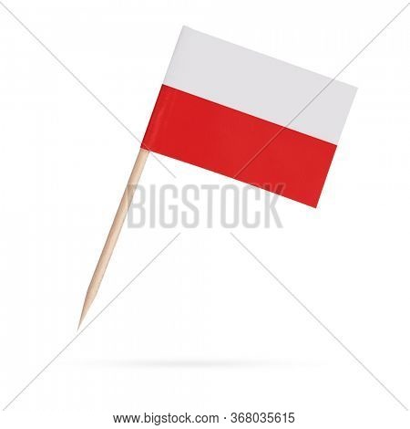 Miniature paper flag Poland. Isolated Polish toothpick flag pointer on white background. With shadow below