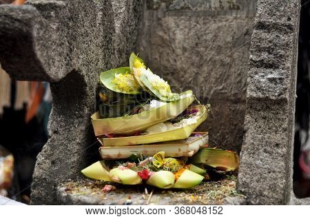 Sacrificial Offering Set Balinese And Indonesian Style Rite Offer To Deity Angel God Of Hindu In Anc