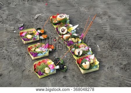Sacrificial Offering Set Balinese And Indonesian Style Rite Offer To Deity Angel God Of Water In Sea