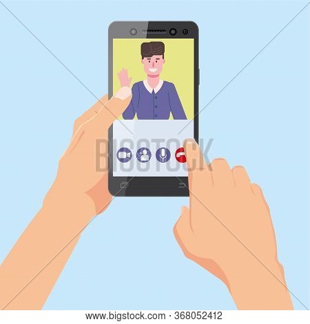 Hand Holds Smartphone. Video Conference Team Friends On Screen Phone Talking By Internet In Videocal