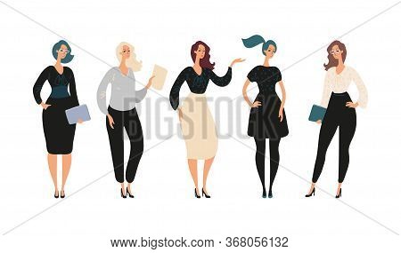 Set Of Cute Female Characters In A Flat Design. Full-length Women In Business Clothes With Papers An