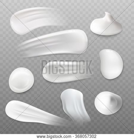 Webset Of White Cream Blob And Smudge Samples. Liquid Beauty Product Texture In Many Shapes,