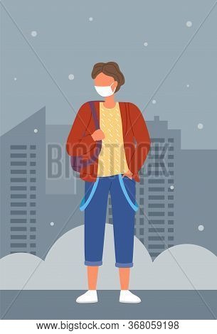 Vector Illustration Of Young Man With Backpack Wearing Face Medical Mask Standing At City Background