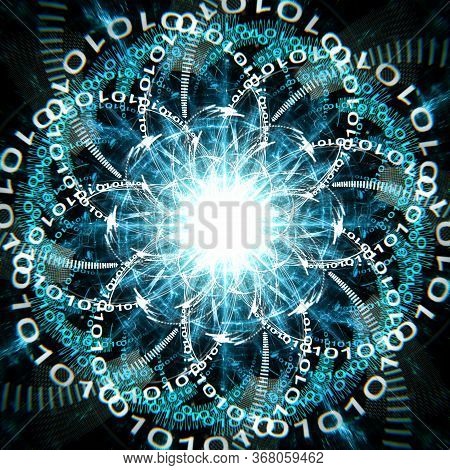 Concept Of Quantum Computer Running With Qubits And Blue Waves, 3d Illustration
